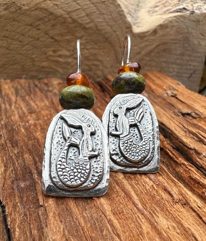 Merhare Earrings with Dragon Vein Jasper and Amber beads