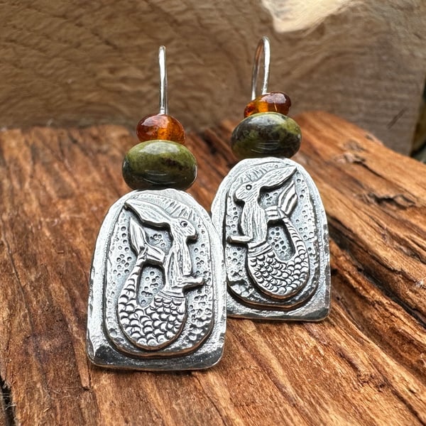 Merhare Earrings with Dragon Vein Jasper and Amber beads