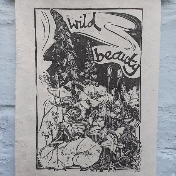 'Wild Beauty', Lino Print in Black on Lokta Paper (VE1)