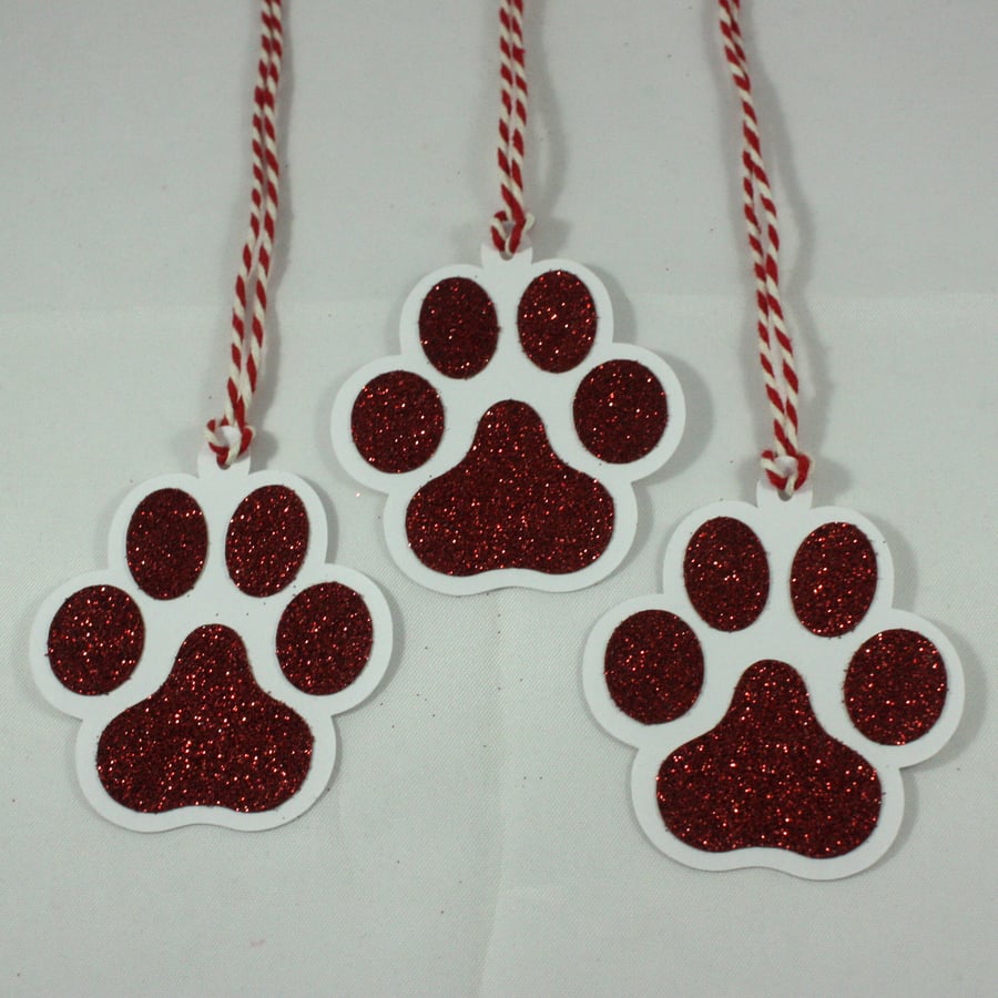 Handmade red glitter pawprint gift tags (pack of 3) 