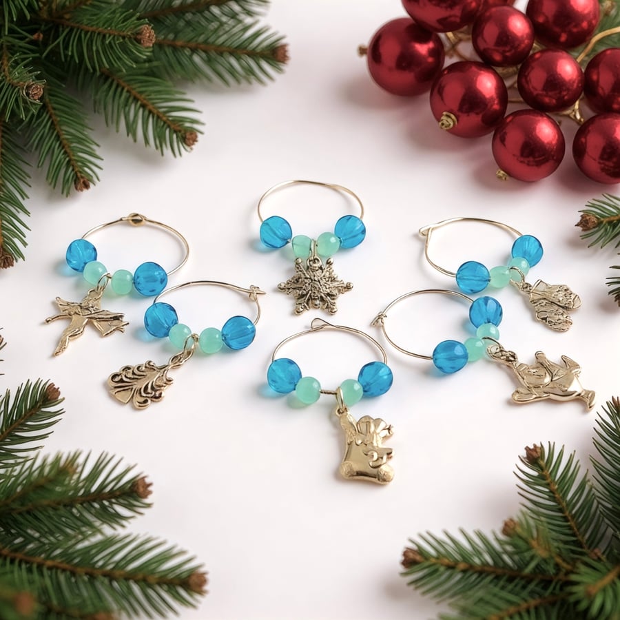 Wine Glass Charms set of 6, gift for wine lovers,Christmas table decor,