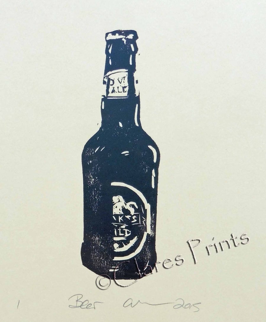 Beer Bottle Hand-Pulled Linocut Print