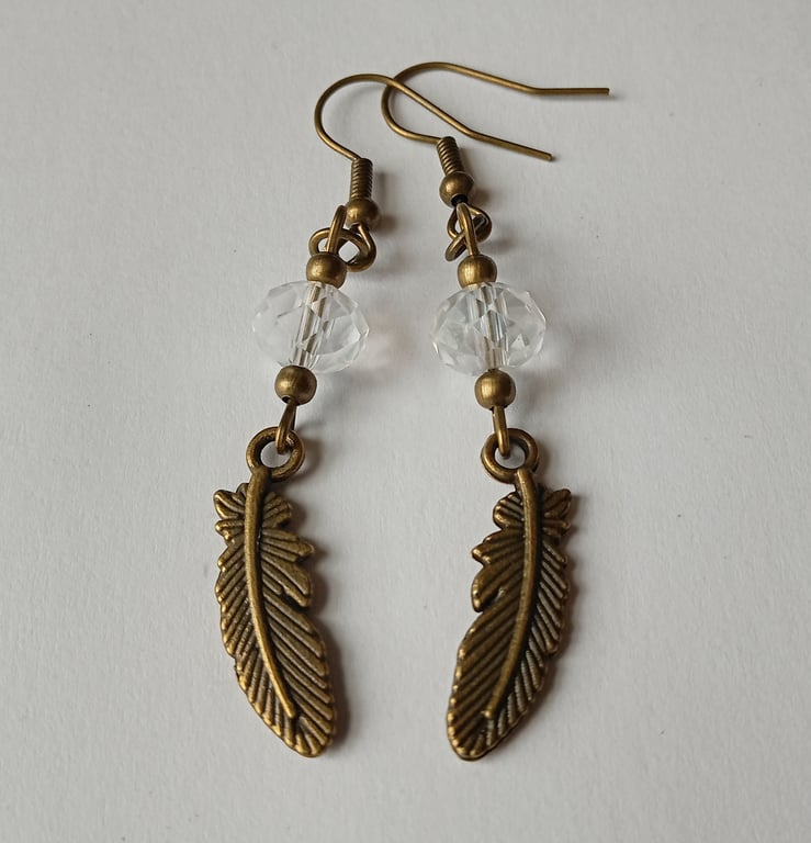 Bronze Clear Crystal Hanging Feather Earrings