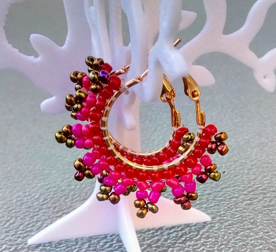 Pink beaded boho hoop earrings 