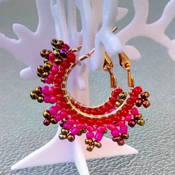 Pink beaded boho hoop earrings 