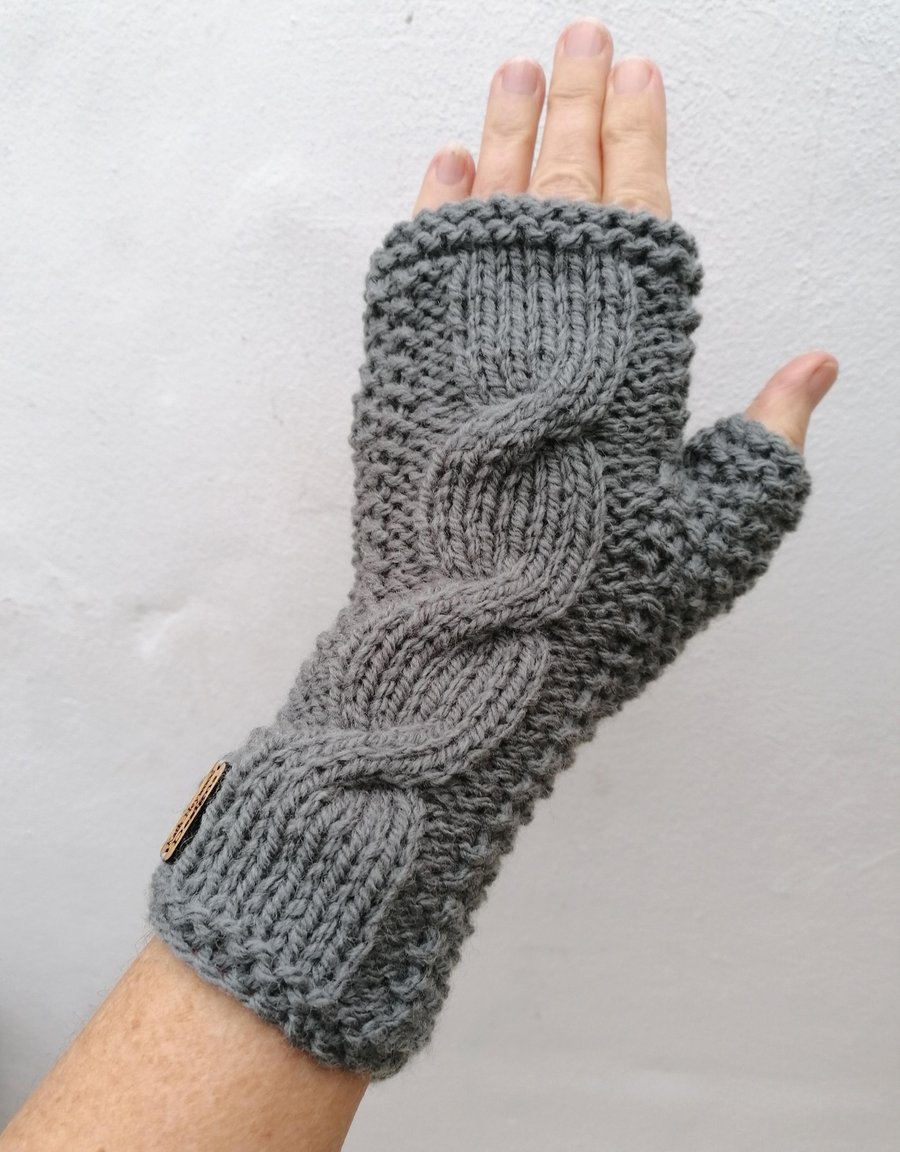 Grey Aran Fingerless Gloves, Wrist Warmers