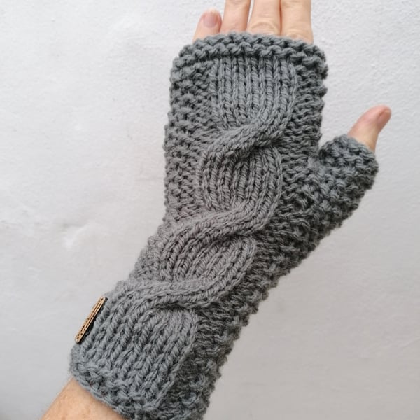 Grey Aran Fingerless Gloves, Wrist Warmers