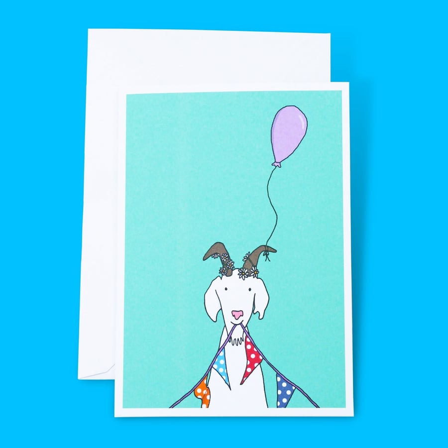 Goat Birthday Bunting and Balloon Illustration A6 Greetings Card