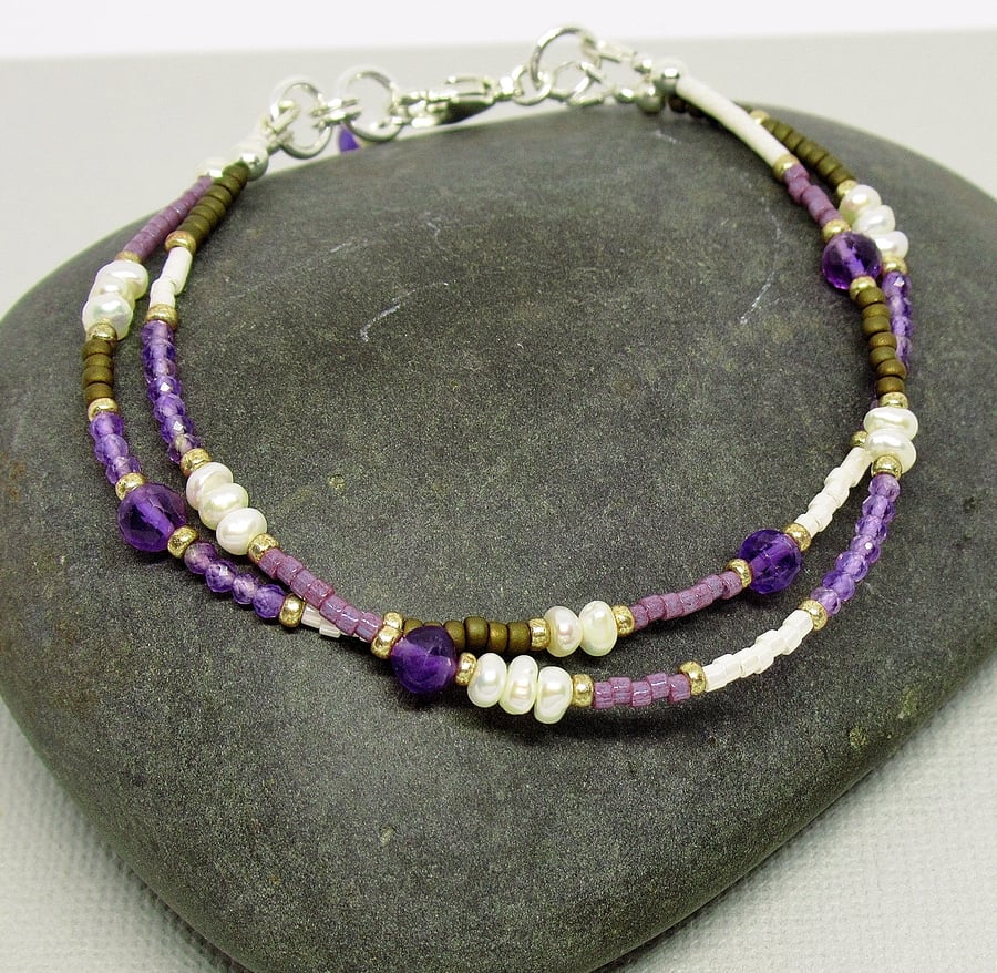 Amethyst and Freshwater Pearl Beaded Bracelet - Sterling Silver