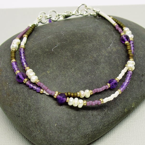 Amethyst and Freshwater Pearl Beaded Bracelet - Sterling Silver