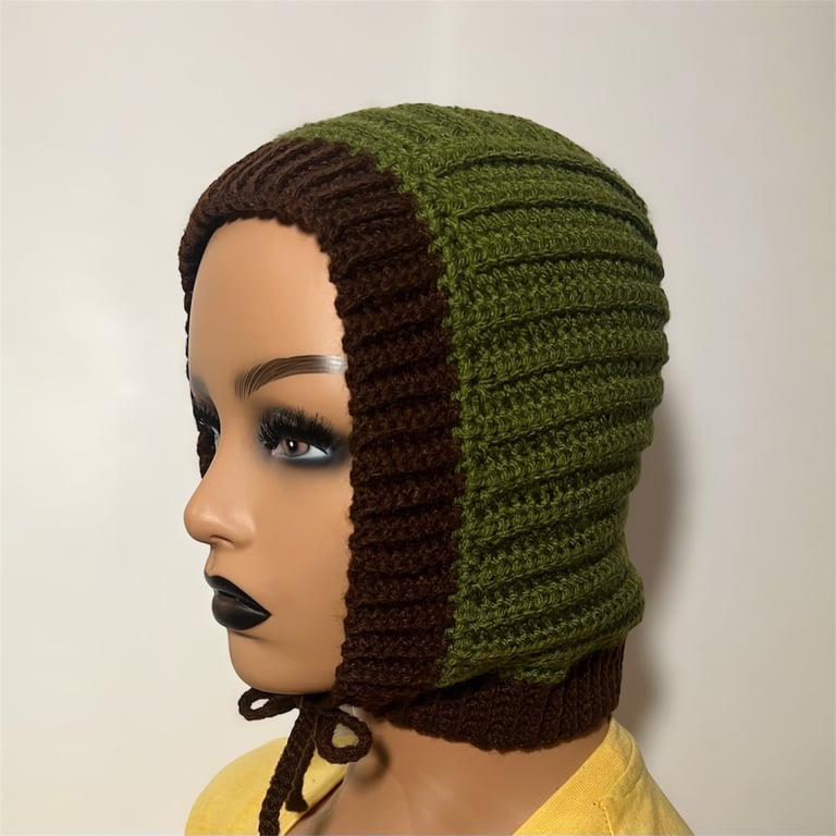 Handmade Crochet Balaclava in Forest Green & Brown - Ribbed Winter Hood 