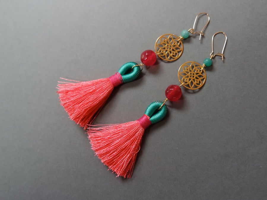 Tassel earrings Sterling silver gold vermeil - quartz turquiose pink