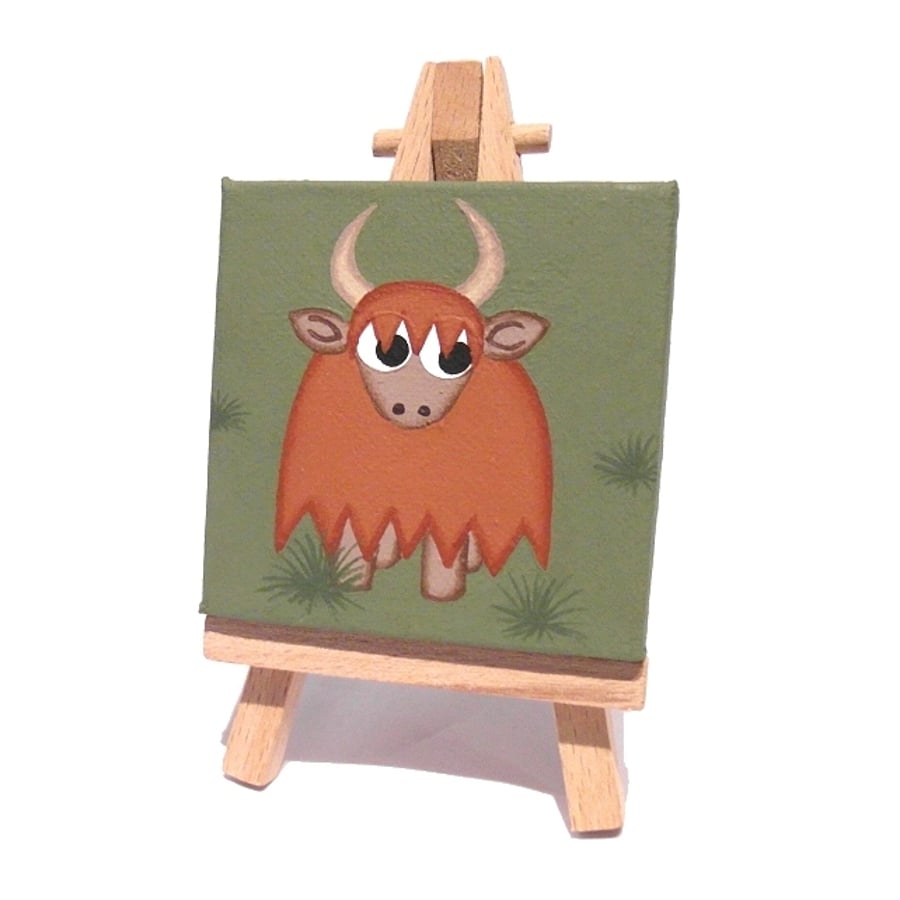 Highland Cow Cute Mini Art - small original cow painting on green canvas