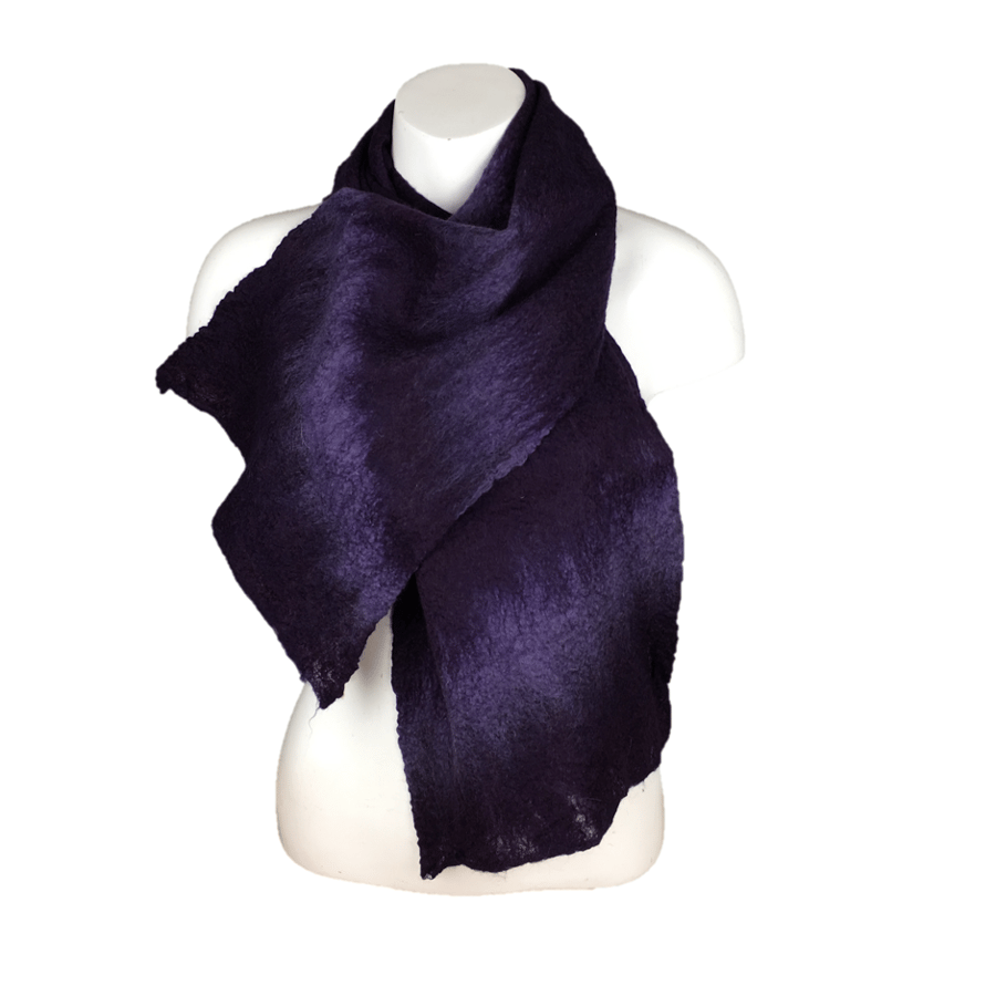 Purple wet felted merino wool scarf with lilac stripes, gift boxed