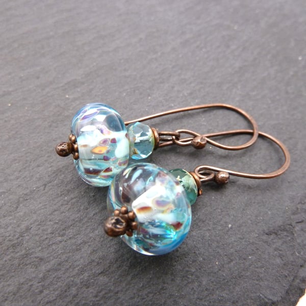 copper earrings, blue lampwork glass jewellery