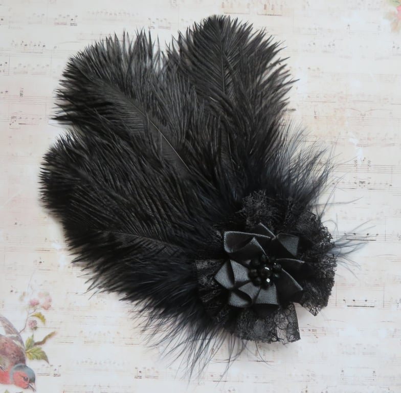 Regency Black Feather and Lace Fascinator – Hair Clip Headpiece