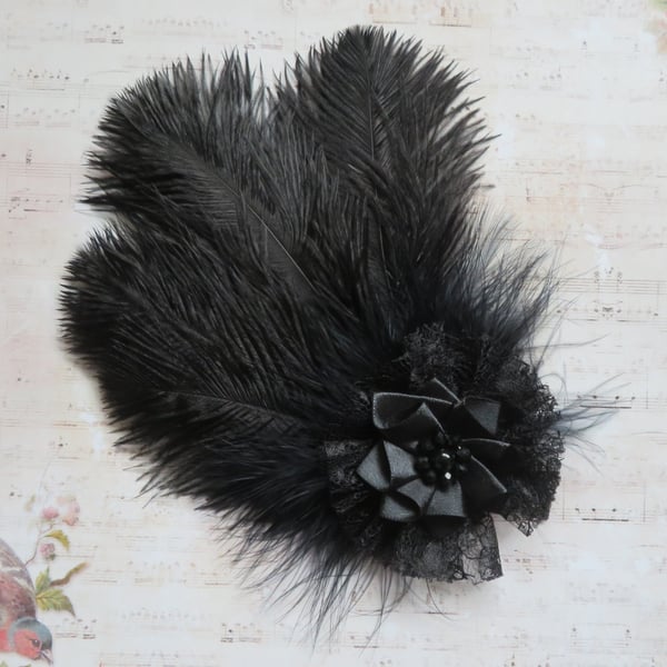 Regency Black Feather and Lace Fascinator – Hair Clip Headpiece