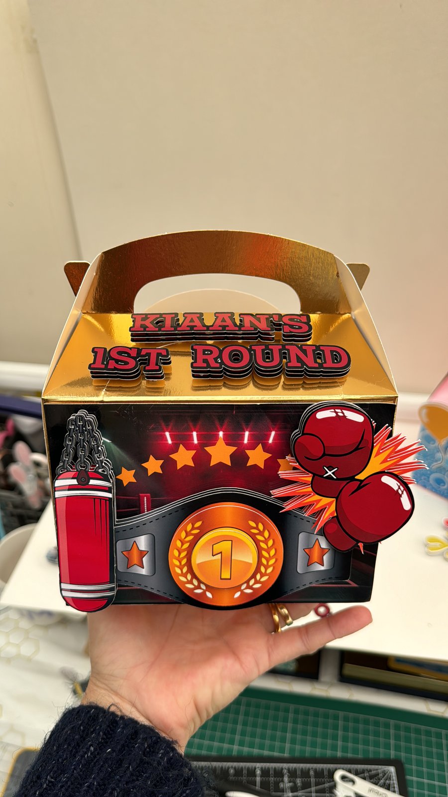 6 Personalised Boys Boxing themed party boxes, party bags 