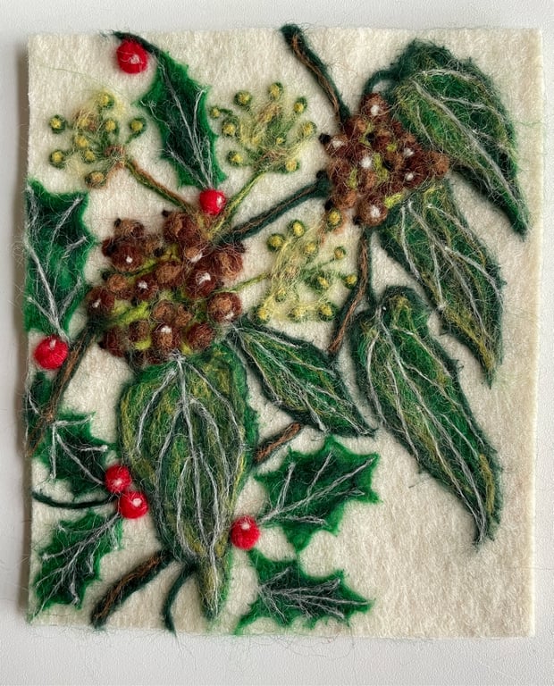 Hand Felted Holly, Ivy & Berries Textile Artwork 
