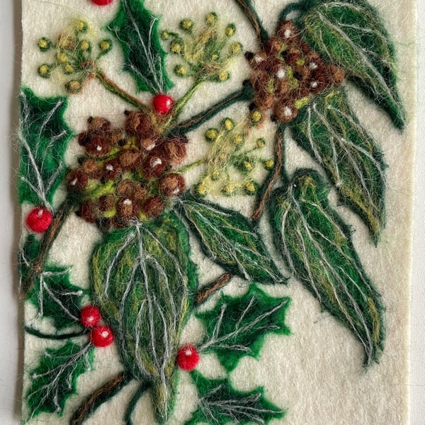 Hand Felted Holly, Ivy & Berries Textile Artwork 