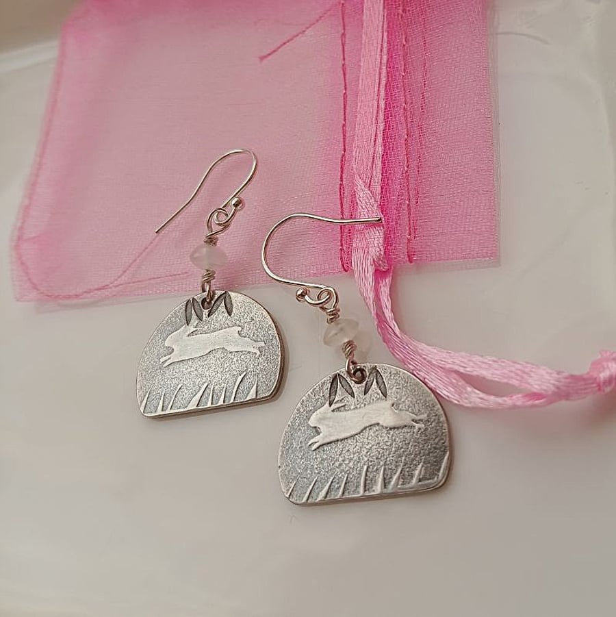 Running hare earrings sterling silver moonstone gift for her ready to post