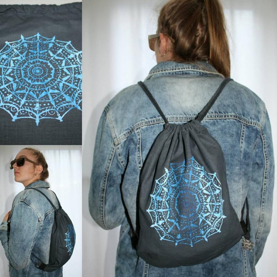Blue mandala print handmade charcoal drawstring Eco bag, light backpack, gift