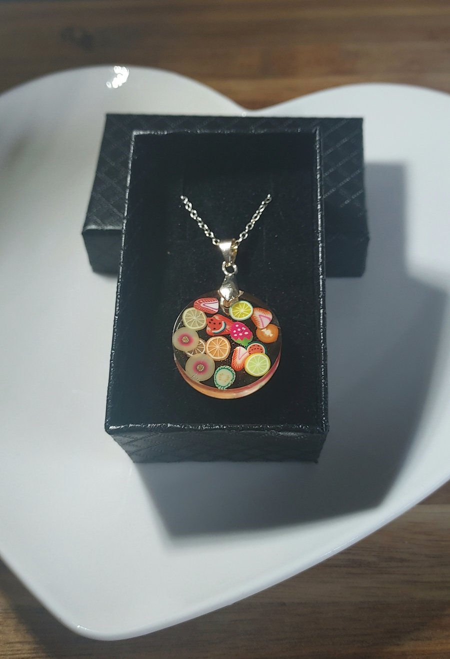 Fun and fruity resin  pendant necklace on a silver plated chain 
