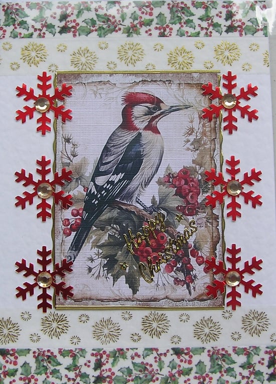 Hand Crafted Decoupage Chistmas Card - Happy Christmas (2970) Woodpecker Bird