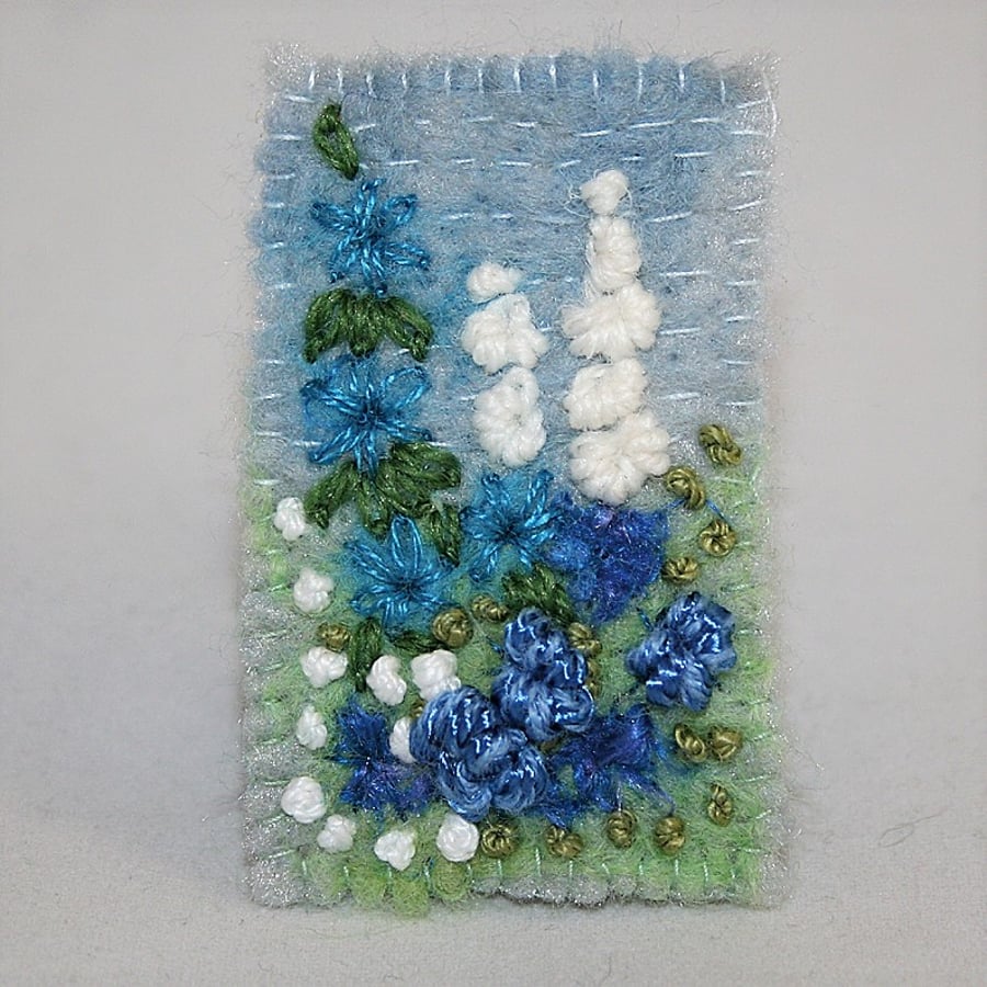 Blue Cottage Garden Brooch - embroidered and felted