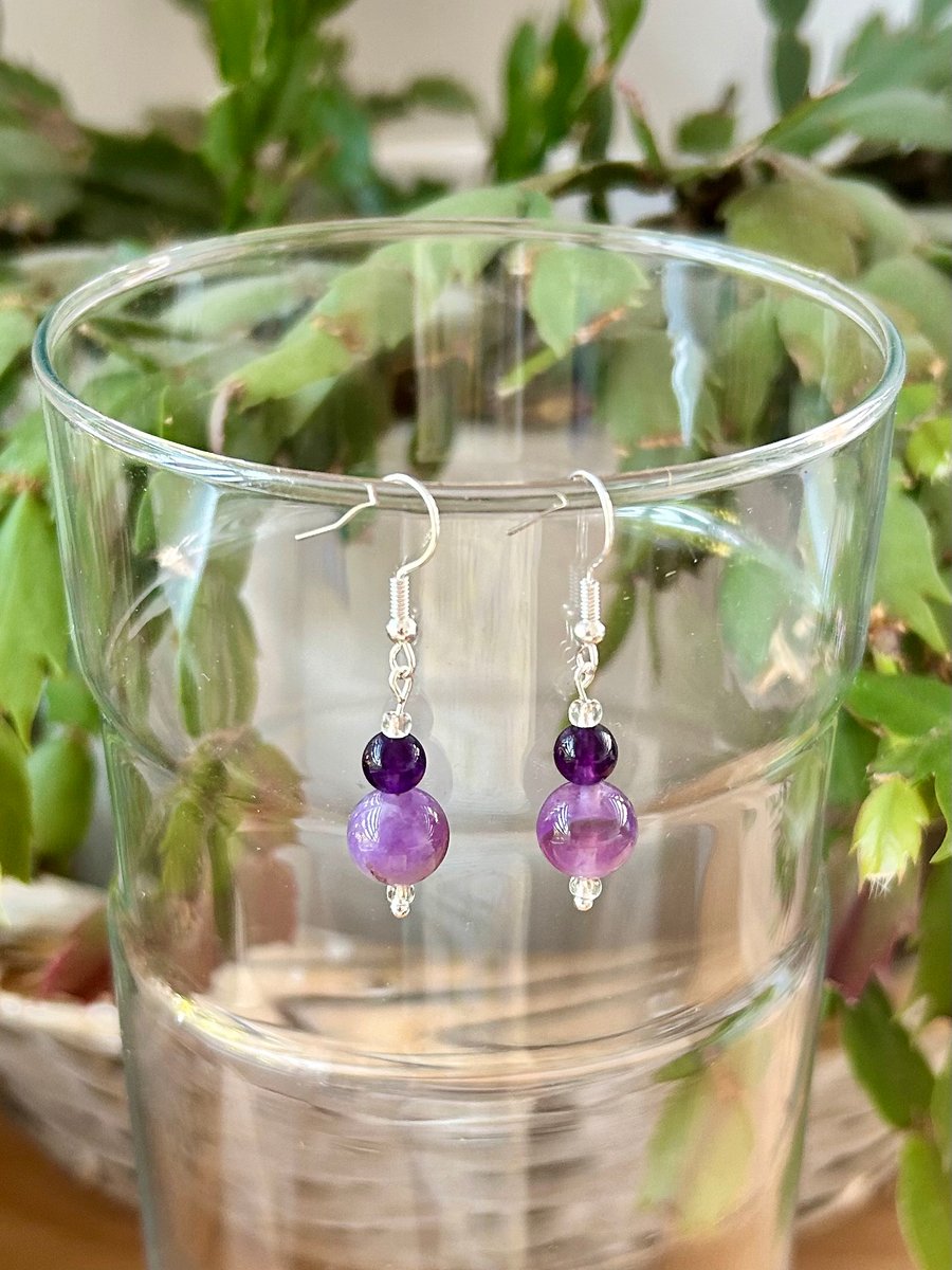 Amethyst earrings on silver plated hook - February birthstone