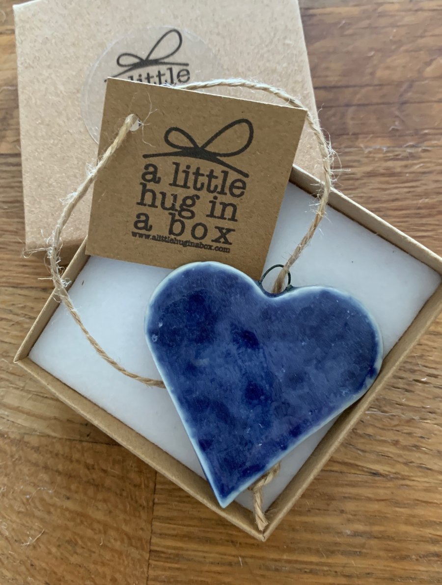  A Little Hug in a Box Hand Made Cobalt Blue Speckled Porcelain Heart  