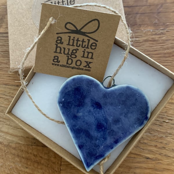  A Little Hug in a Box Hand Made Cobalt Blue Speckled Porcelain Heart  