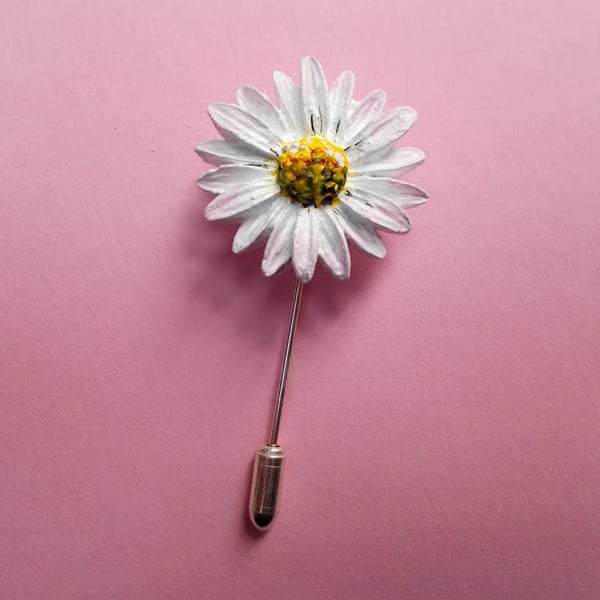  WHITE LAWN DAISY PIN:  Daisy Wedding Lapel Flower Brooch HAND PAINTED