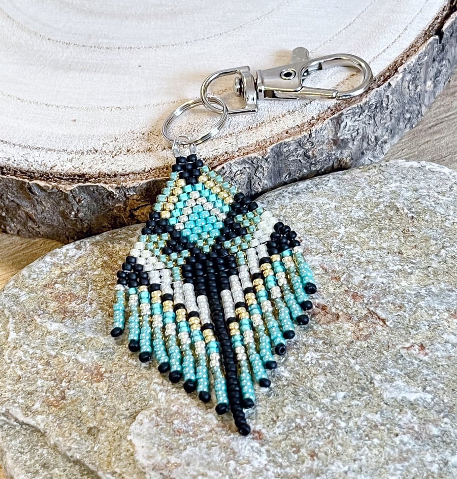 Native American beaded fringe bag charm or key charm