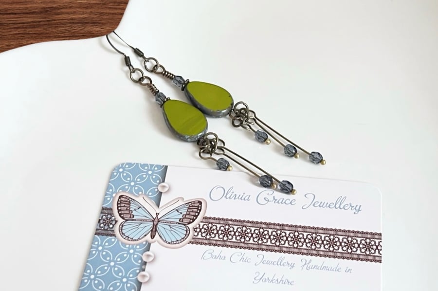 Long colourful  lime green teardrop earrings with a waterfall drop