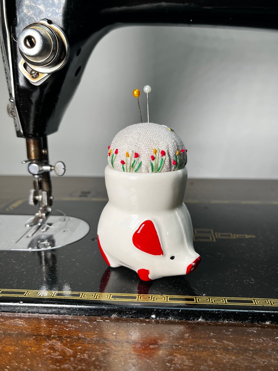 Vintage pig egg cup embroidered pin cushion with bee and flowers