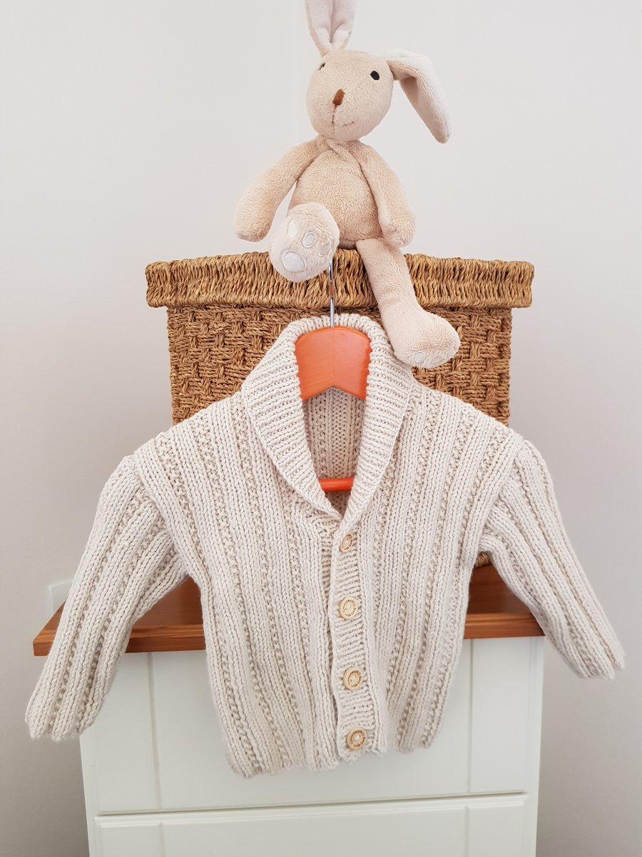 6-12 months Hand Knitted Cream Baby Cardigan with Shawl Collar 