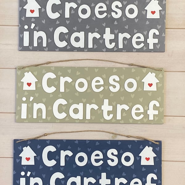 Personalised Hanging Welsh Croeso in Cartref sign