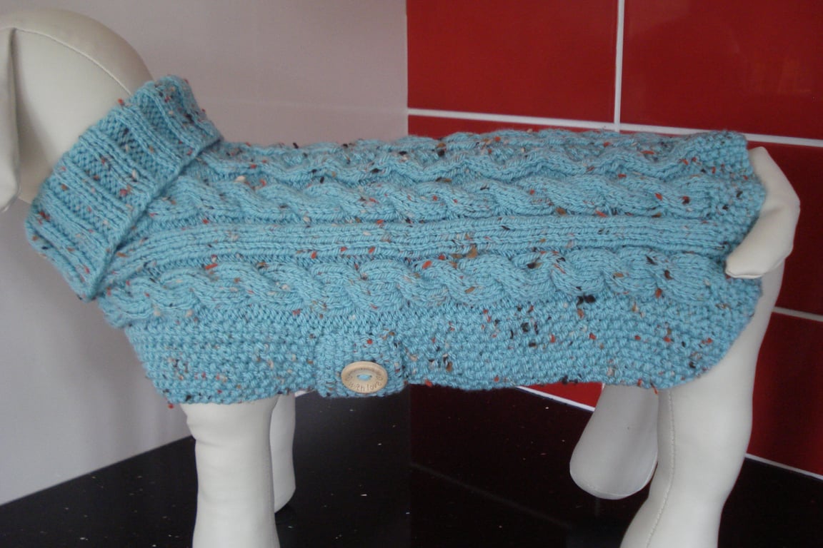 Knitted Blue Dog Coat Jumper With Cables Belt And Buttons (J102)