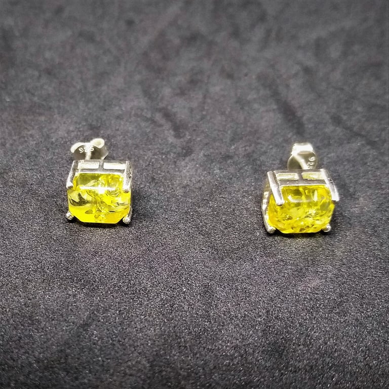 Genuine Baltic Lemon Amber Octagon 925 Sterling Silver Ear Studs 9 x 5mm