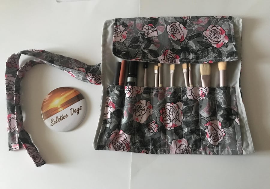 Grey Roses Make Up Brush Roll Storage Case, Floral Brush Holder,