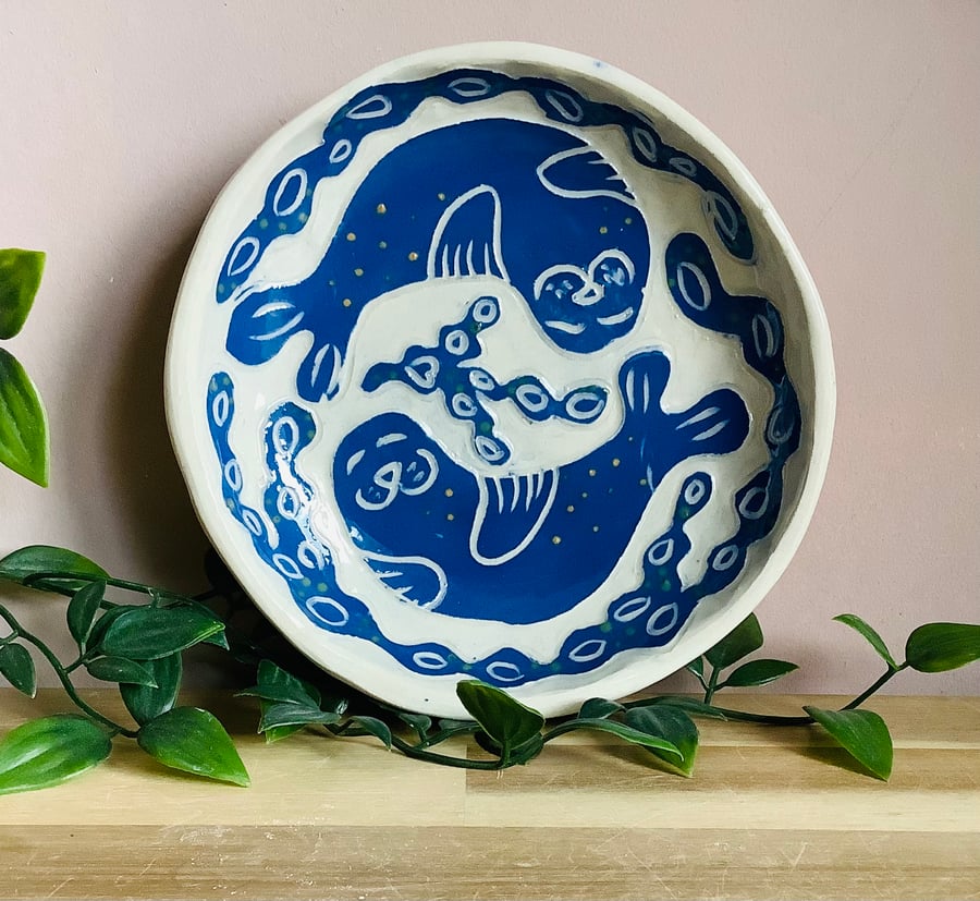 Handmade stoneware sgraffito happy seals and seaweed snack tapas dessert bowl