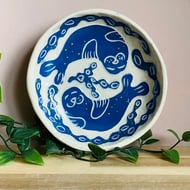 Handmade stoneware sgraffito happy seals and seaweed snack tapas dessert bowl