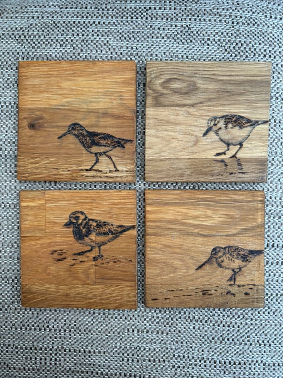 Set of four Wading bird coasters - hand drawn using pyrography