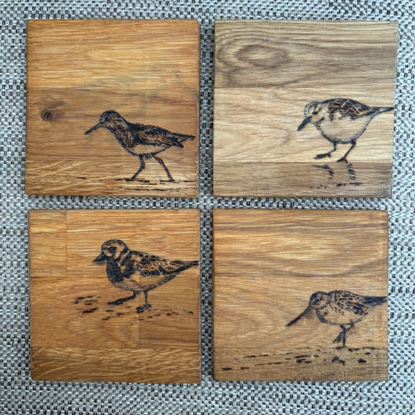 Set of four Wading bird coasters - hand drawn using pyrography