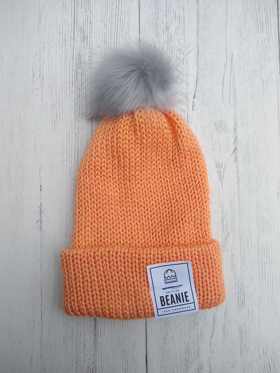 Orange Beanie, Winter hat, Bobble hat
