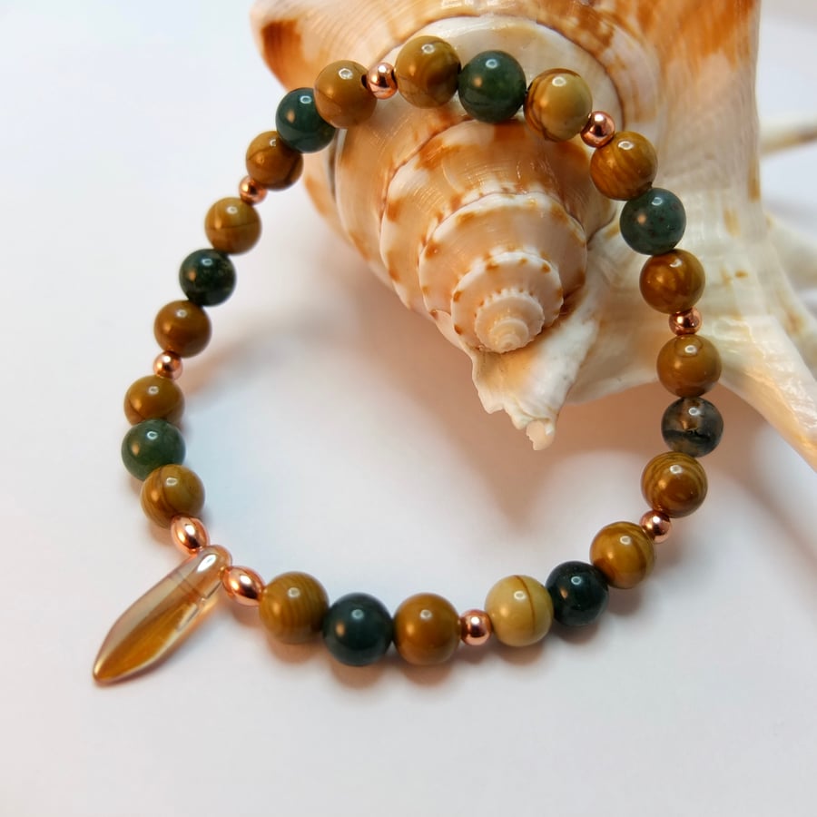 Moss Agate, Wood Lace Agate, Copper And Glass Bracelet - Handmade In Devon