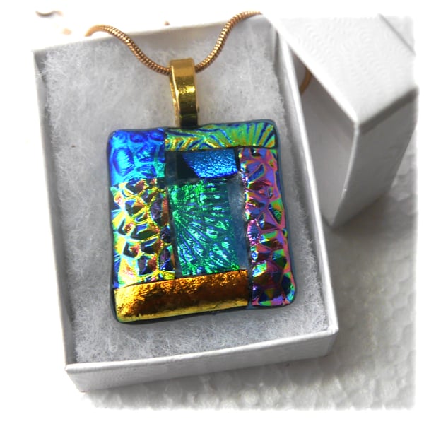 Patchwork Pendant Dichroic Glass P009 Gold plated chain