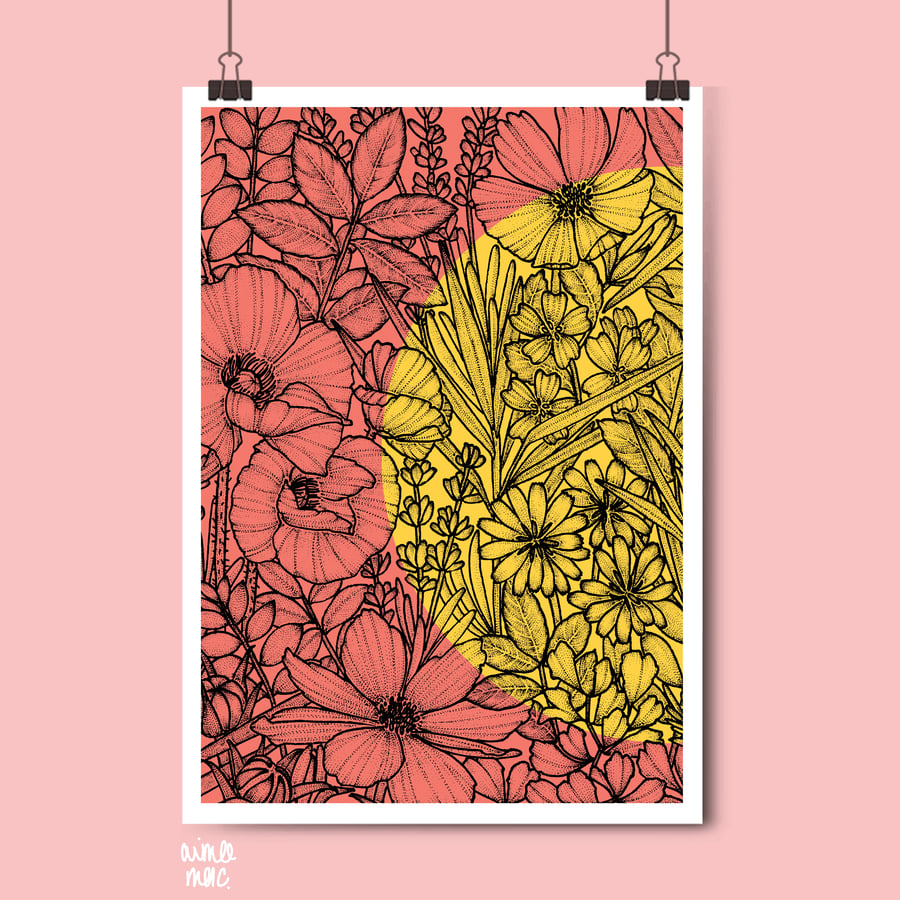 Colour Block Wildflower Print Coral and Mustard - A3