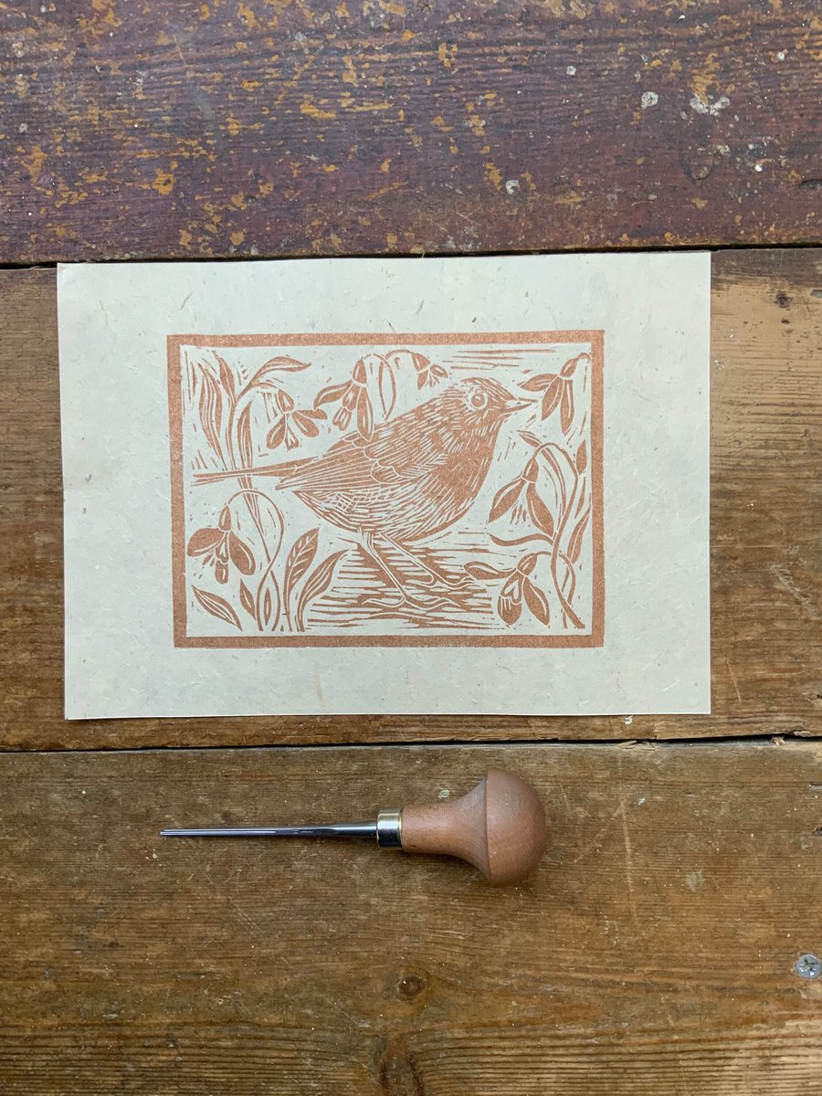 Linocut print Little Robin and snowdrops Gorgeous copper Lokta paper Copper ink 